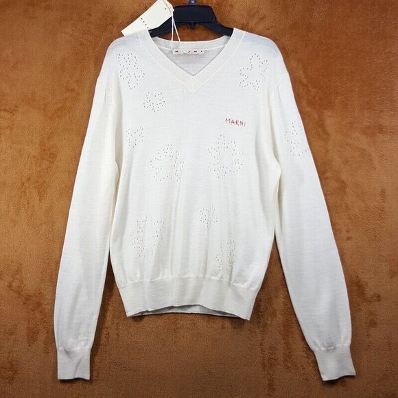 MARNI Sweater Mens Size 50 Off White Pullover VNeck Fine Wool Flowers $895 - Picture 2 of 11